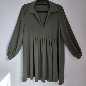 Zara Olive Green Box Pleat Mini Tunic Dress Long Sleeve Collared Neckline Size M